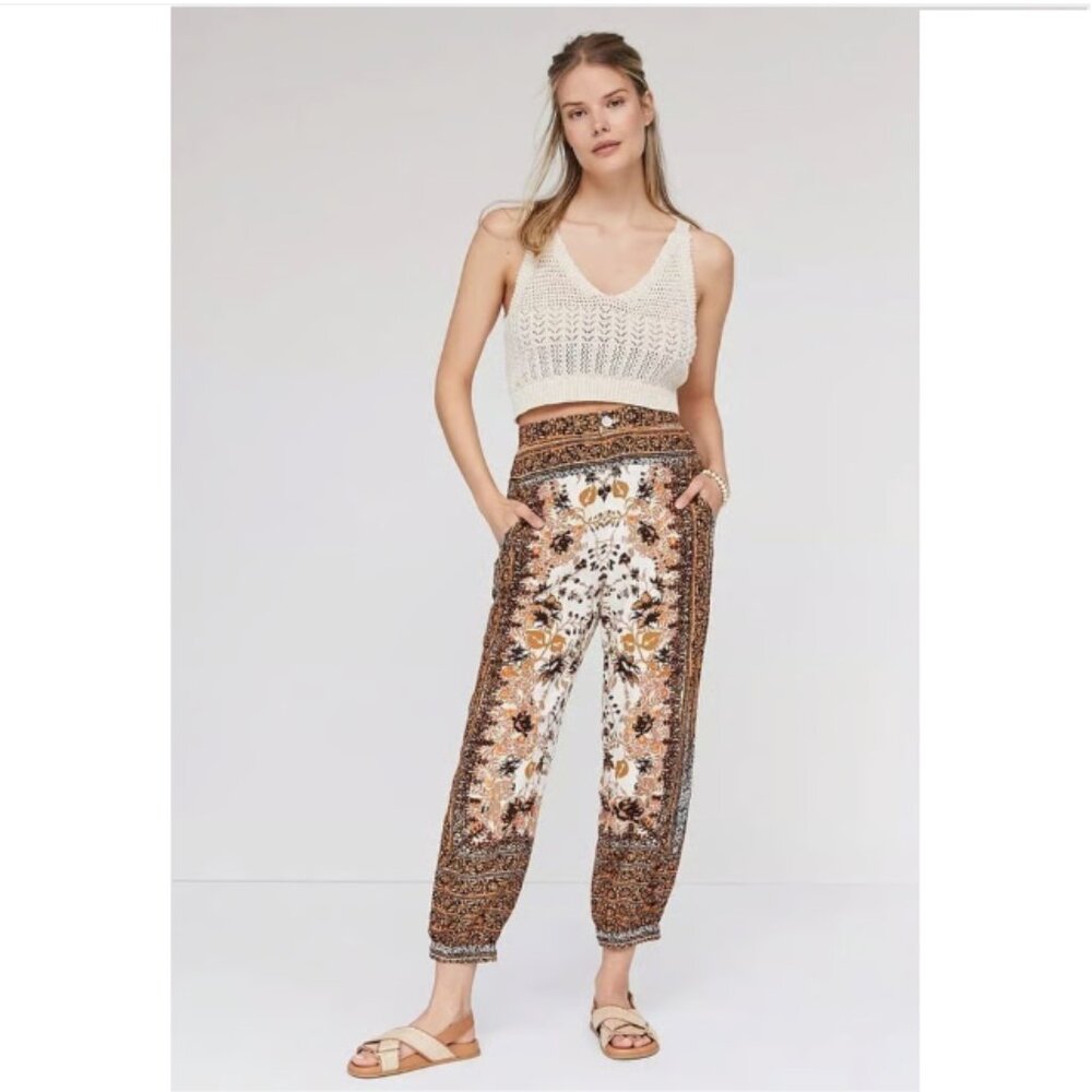 Anthropologie Cream Multi Floral Linen Harem Pants - Size 14